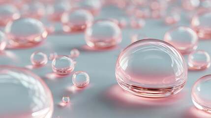 Transparent water droplet on smooth surface with soft pink reflection and shallow depth of field creating calm and delicate atmosphere