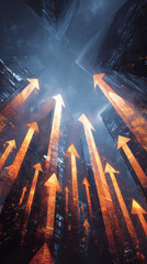 Rising orange arrows glowing in dark cityscape symbolize growth and progress with skyscraper buildings under cloudy sky