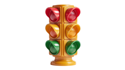 Yellow plastic toy traffic light showing red, yellow, and green signals. Road safety education concept for kids. Transparent background