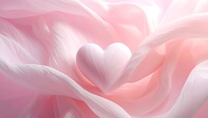 A soft pink heart rests amidst flowing, sheer fabric, creating a dreamy and romantic composition. The light gently illuminates the scene