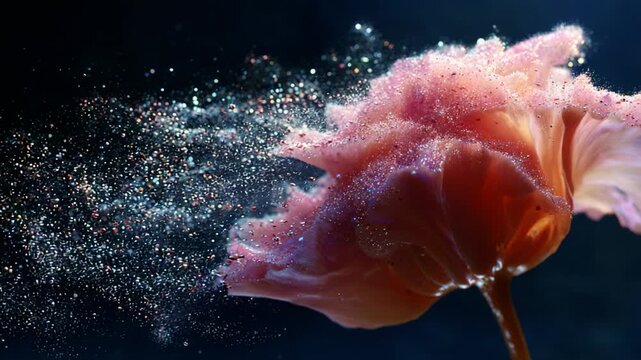 An enchanting bloom dances with vibrant colors and shimmering sparkles, creating a mystical atmosphere that captivates the senses in a stunning visual display.