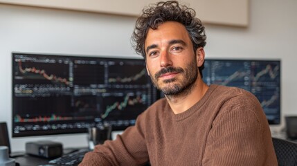Male financial analyst with curly hair, wearing a brown sweater, is sitting at a desk with multiple monitors displaying stock market data, showcasing a professional workspace