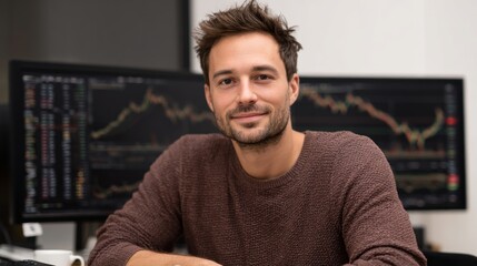 Young man with light brown hair, wearing a cozy sweater, is smiling confidently while seated at a desk with multiple screens displaying financial charts and data analysis