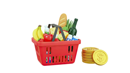 Grocery Shopping Basket with Food and Gold Coins