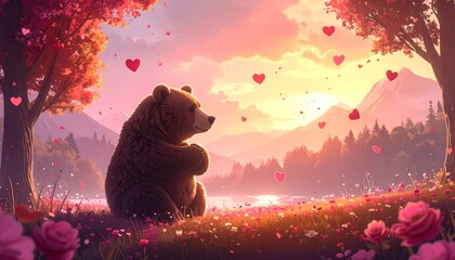 A solitary bear sits among spring flowers in a meadow, surrounded by floating hearts, against a mountain scene at sunset