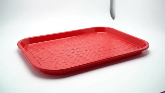 An isolated empty red plastic storage container and square kitchen tray set against a white background for food meal prep or kitchen dishware equipment