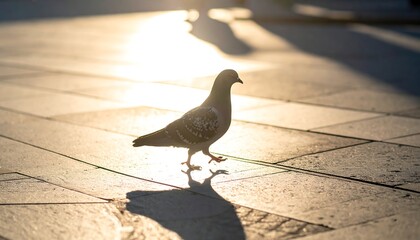 A solitary bird strolls across sunlit pavers. Its shadow stretches, mimicking its form. The golden light highlights the textured ground
