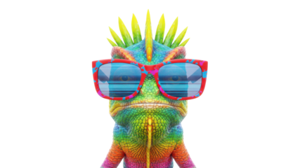 Colorful 3D Chameleon Character Wearing Blue Sunglasses on White Background
