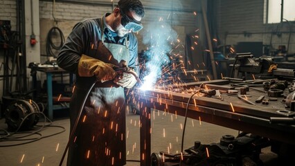 A man in a welding mask and protective gear welding a piece of metal in a workshop with sparks