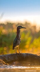 A solitary bird, with long beak, perched elegantly upon a submerged log, bathed in the soft glow of golden hour light