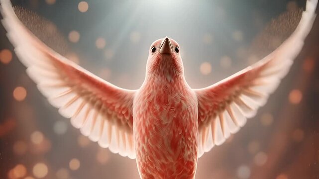 A stunning pink bird in mid-flight, showcasing beautiful feathers and a magical bokeh background filled with soft lights.