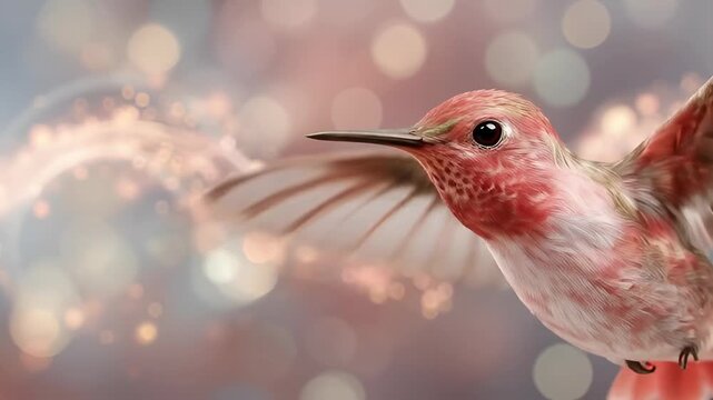 A vibrant hummingbird in motion, showcasing its colorful feathers amidst a playful, sparkling background.