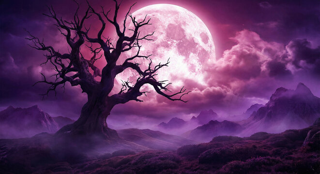 Ancient Silhouette of a Twisted Tree Standing Beneath a Colossal Magenta Moon in a Surreal Violet Mist