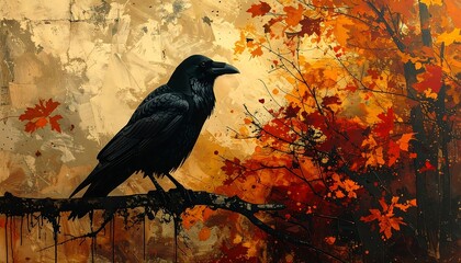 A solitary black bird perches on a bare branch amidst a vibrant autumn foliage. The background glows with golden light