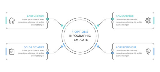 Infographic template with central circle and four connected text boxes