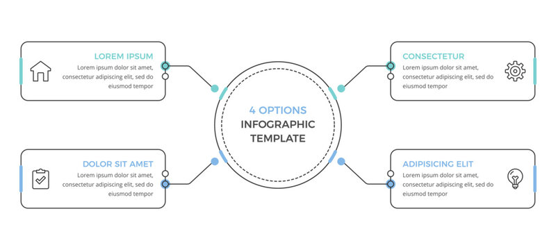 Infographic template with central circle and four connected text boxes