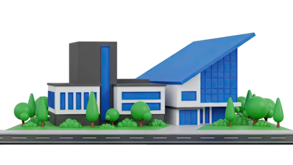 3D Rendered Modern Building with Blue Roof and Green Trees