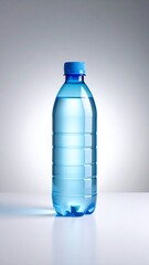 A solitary, clear plastic bottle filled with clean, refreshing water. The bottle has a blue cap and is placed on a white surface with a soft gradient backdrop