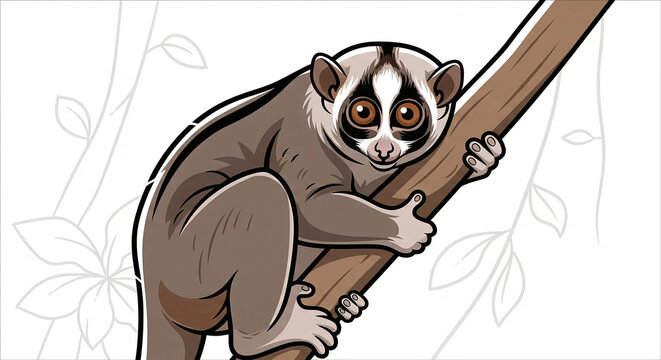 Cute slow loris climbing a tree branch with big eyes