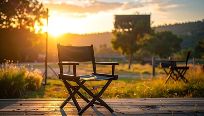 A solitary director's chair sits on a wooden deck, bathed in the golden light of a setting sun. Scenic background