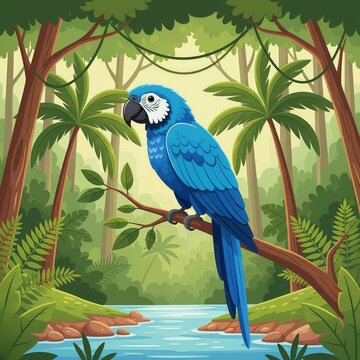 Burung beo biru cerah bertengger di dahan di hutan tropis yang rimbun di tepi sungai.