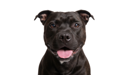 Happy Black Staffordshire Bull Terrier Dog Headshot on White Background