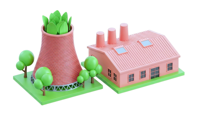 Cartoon Factory and Cooling Tower with Greenery