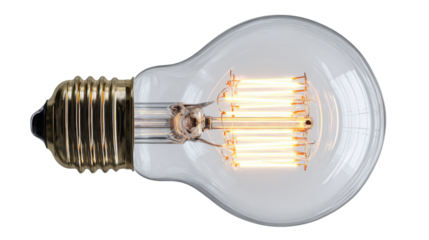 Glowing vintage style incandescent light bulb illuminating, having transparent background, symbolizing ideas and innovation