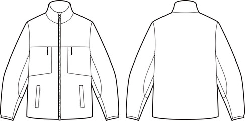 Technical Flat Sketch of a Men’s Outdoor Full Zip Fleece Jacket Vector Illustration with Front and Back View for Fashion Design © MSTAYESHASIDDIKA