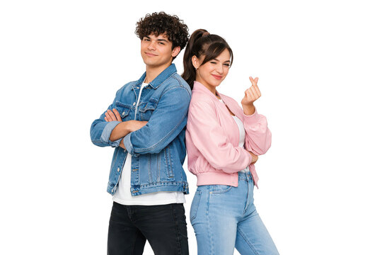 Trendy Young Couple Back-to-Back on White Background
