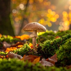 A solitary mushroom stands tall, its spotted cap contrasting against vibrant green moss and fallen leaves, basking in warm sunlight