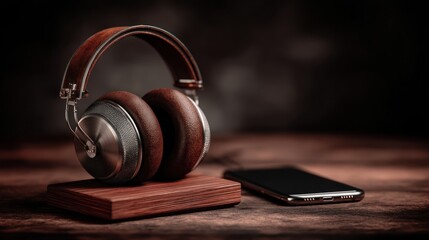 Headphones wooden stand smartphone