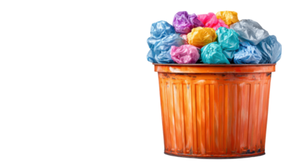 Overflowing orange garbage can with colorful plastic bags, symbolizing waste, pollution, and environmental problems