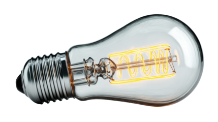 Glowing vintage light bulb with spiral filament illuminating against a transparent background representing ideas, innovation, and creativity