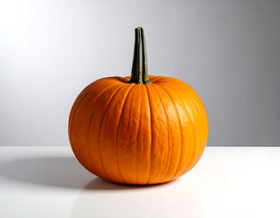 A solitary, perfectly round, ripe, orange pumpkin sits centered on a glossy white surface, lit with soft shadows against a grey background