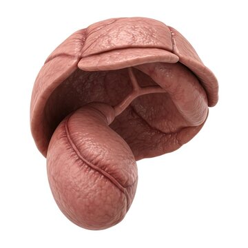  medical illustration of a shrunken, fibrotic gallbladder with no stones but a scarred, leathery wall texture. The organ looks dysfunctional and contracted. Neutral background.