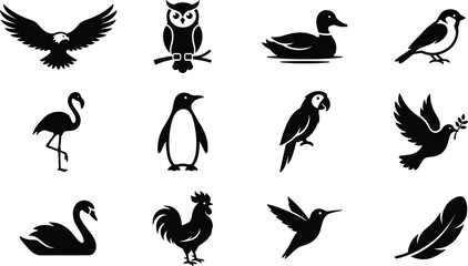 Fototapeta premium Bird Silhouettes Vector Icon Set, eagle, owl, penguin, parrot and flying dove design