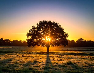 A solitary, shadowed tree stands silhouetted against a vibrant golden sunrise over a grassy field, its leaves illuminated