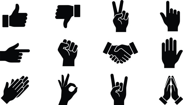 Hand Gestures Silhouette Vector Icon Set, thumbs up, handshake, OK sign, rock hand and praying hands design