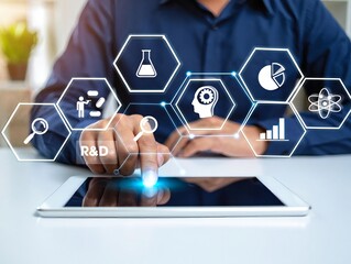 A businessman holding a digital tablet uses his finger to touch a social network icon on the screen, illustrating a global connection concept through virtual media and future internet technology