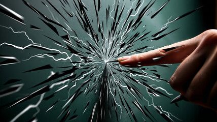 Futuristic Finger Touch Triggering Shattered Glass Explosion with Electric Lightning Effects