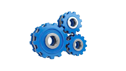 Three interlocking blue gears with silver accents