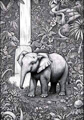 滝壺の仔象 精緻な鉛筆画
