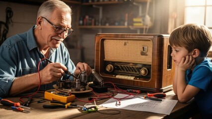 An older man and a young boy working on an electronic device together in a workshop with tools.