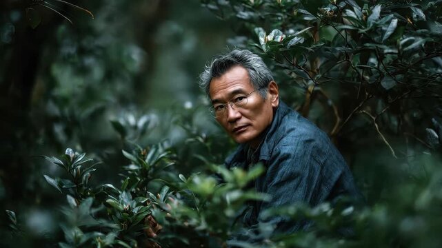 Senior man surrounded by lush greenery in serene nature setting, deep in contemplation during tranquil afternoon
