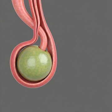 realistic anatomical illustration showing a large gallstone in the gallbladder neck compressing the adjacent common hepatic duct. Highly detailed ductal anatomy, 3D render, neutral background.