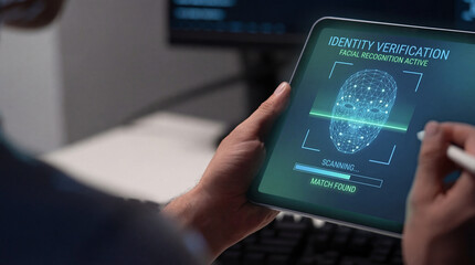 Identity verification facial recognition active scanning match found on tablet screen held by person using stylus in office environment