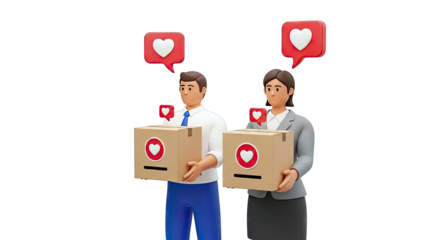 3D illustration of people holding boxes with heart icons and speech bubbles.
