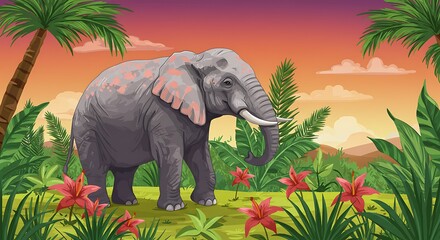 夕焼けの象と楽園の植物