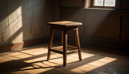 A solitary wooden stool sits centered in a dimly lit, aged room with sunbeams streaming through a window. The aged walls and floor